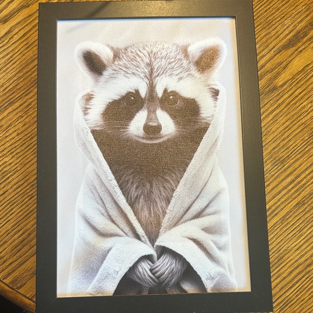 Framed Black and White Raccoon Art Print